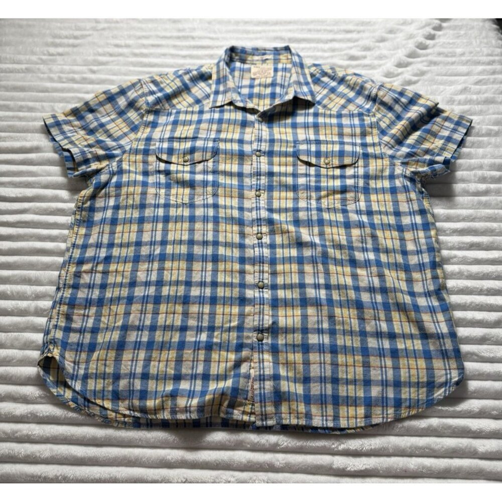 VTG Lucky Brand Genuine Western Snap Up Shirt Men's Size XXL SS Blue Plaid